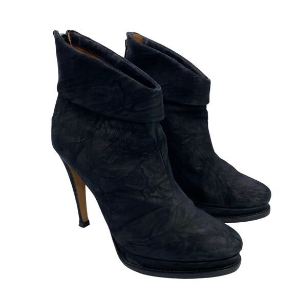 Mugnai Women Black Crinkled Nubuck Leather Almond Toe Heeled Platform Booties 37 - Picture 12 of 16
